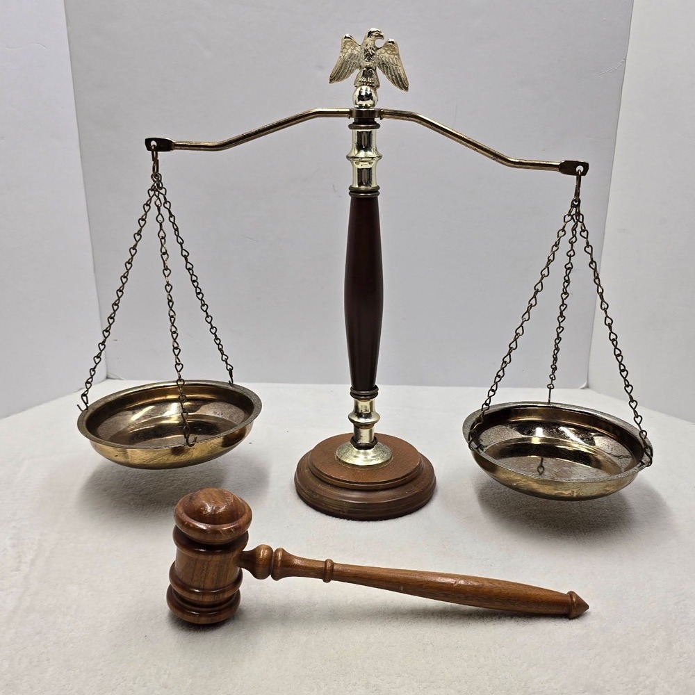 Vintage Brass Wood Scales of Justice Eagle Finial Legal Decor with Gavel Set